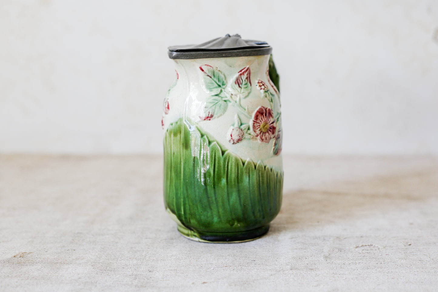 Antique Green & Pink Floral Majolica Jug with Pewter Lid