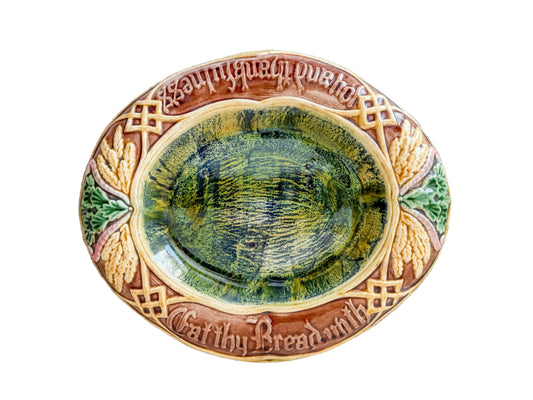 Antique 'Eat Thy Bread' Majolica Bread Tray, c1880