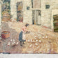 Unframed English Farmyard Scene with Woman Feeding Chickens, c1930