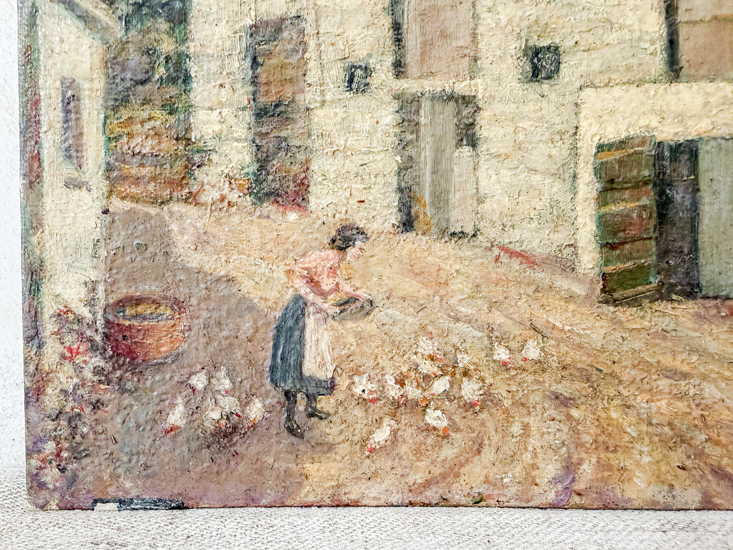 Unframed English Farmyard Scene with Woman Feeding Chickens, c1930