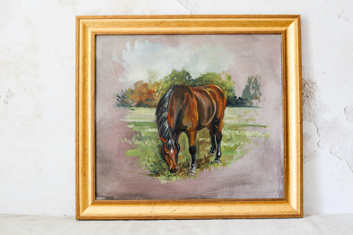 Original Painting of Bay Horse in Field, Attributed to Glynis Mills, in Custom Gold Frame