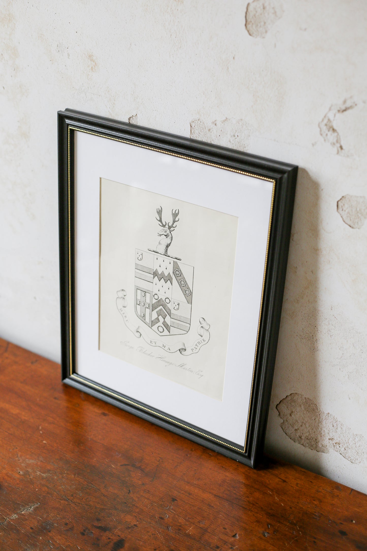 19th Century Coat of Arms of George Marton, Esq., Capernwray Hall | Contemporary Black and Gilt Frame