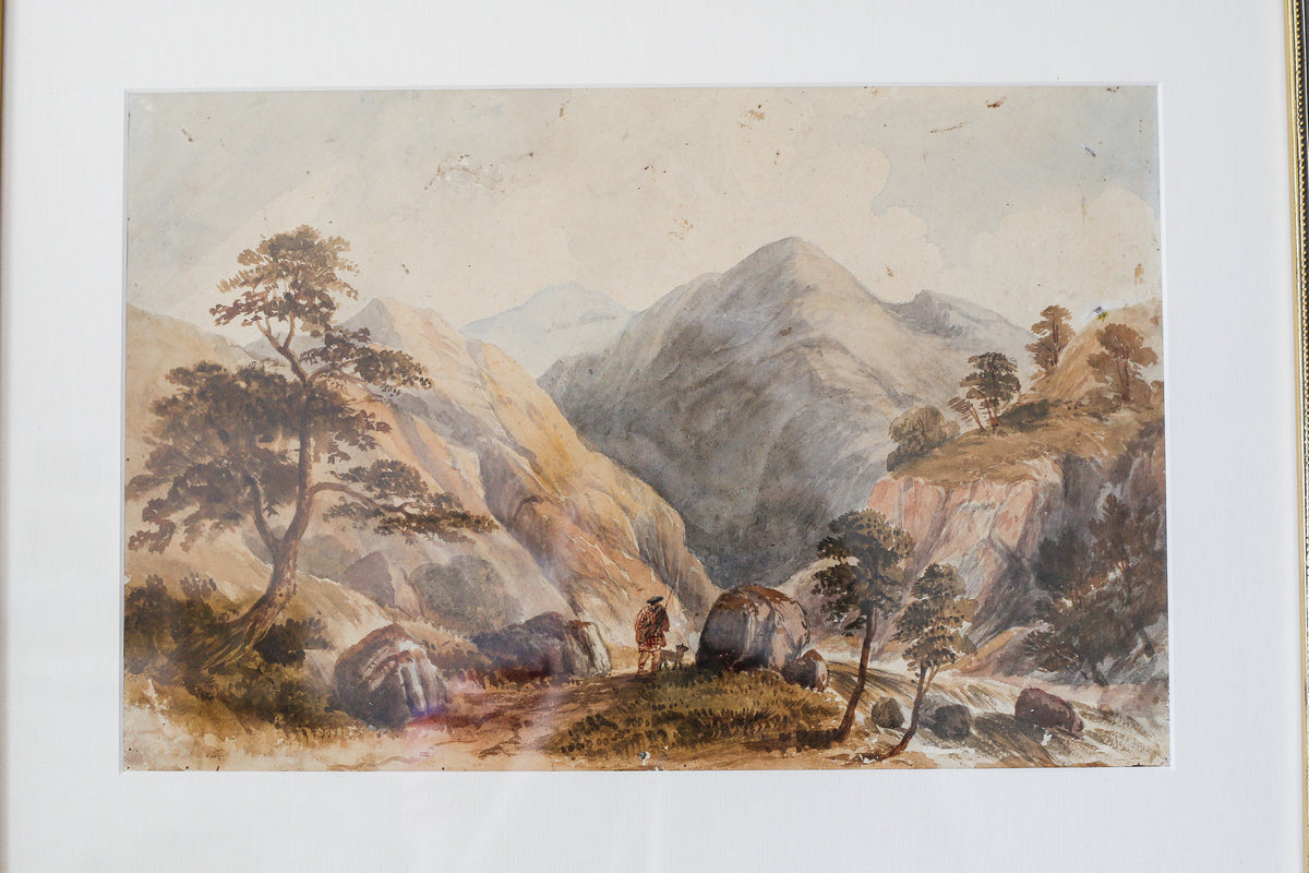 Antique Watercolor of Scottish Highlander and Mountains (c1880) in Custom Ornate Black and Gold Frame