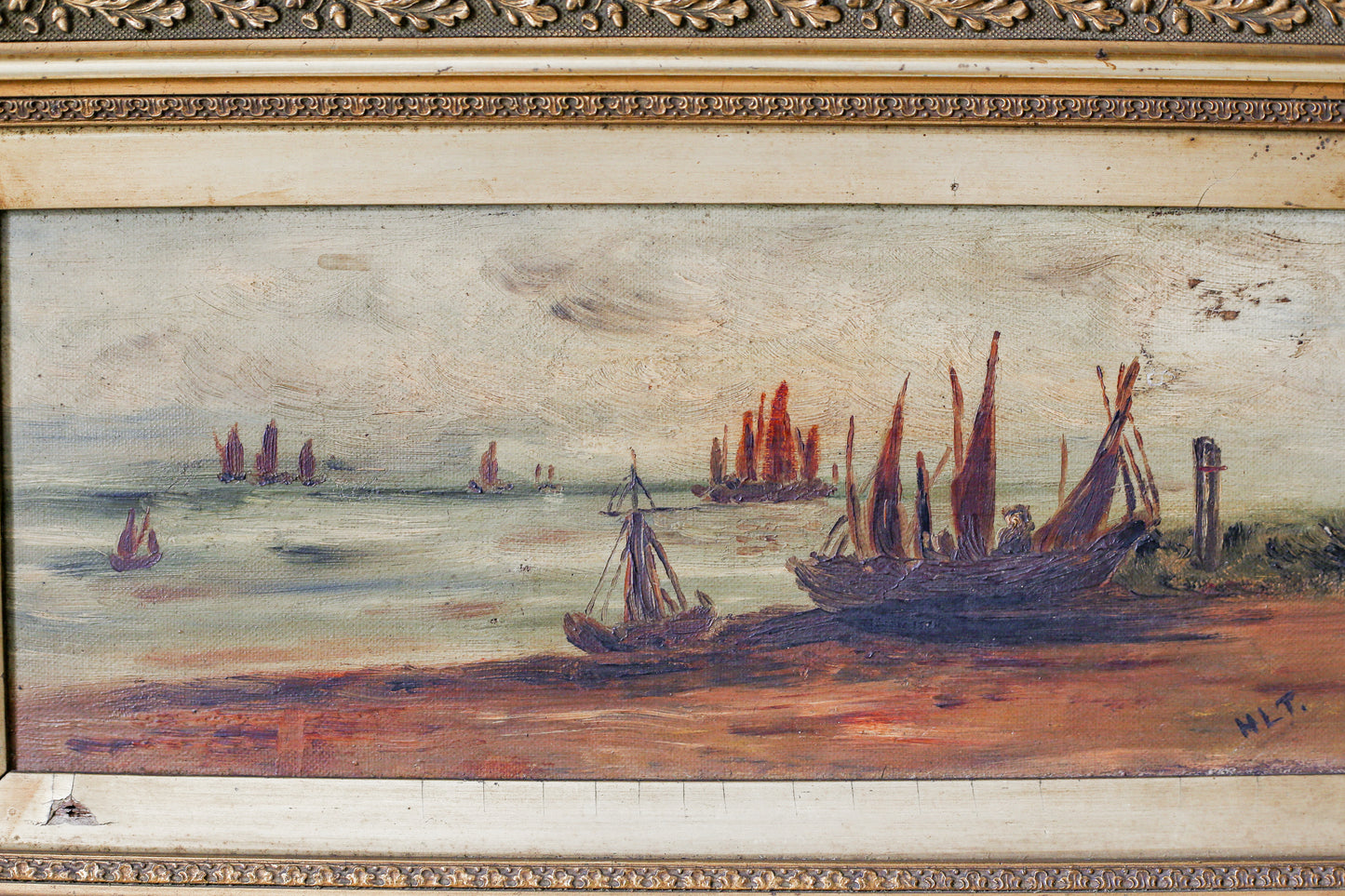 Antique British Coastal Scene Oil Painting in Gilt Wood Frame, c1900