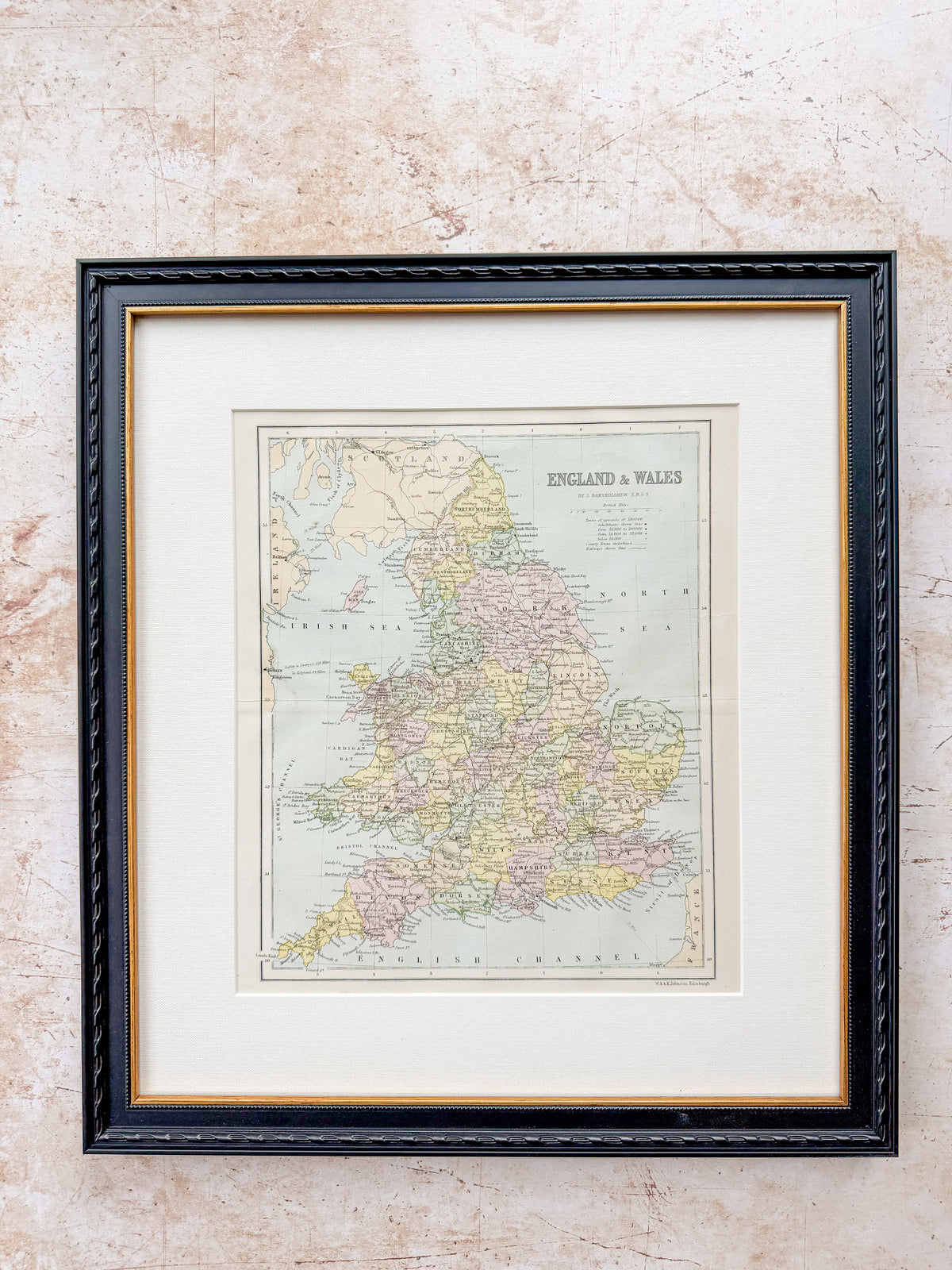 Antique 19th-Century Map of England & Wales by J. Bartholomew in Custom Black and Gold Frame