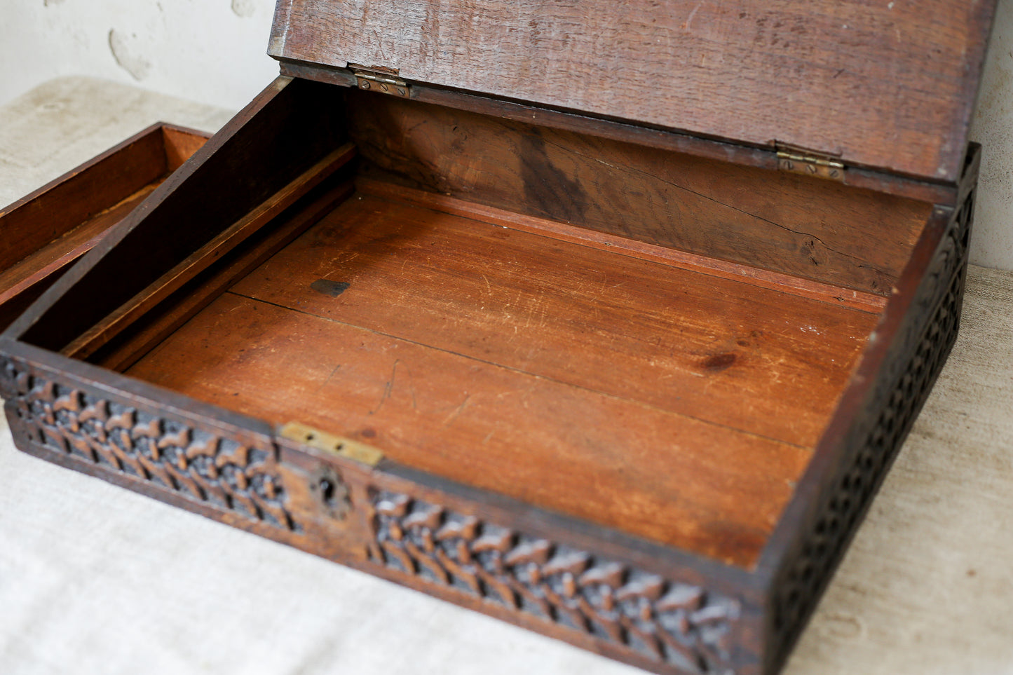 1892 Carved Wood Sloped Desk Box with "JM" Initials