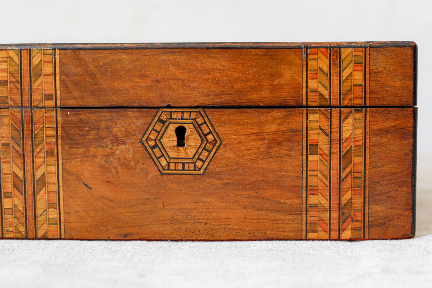 Antique Small Parquetry Chevron Inlaid Tunbridge-Style Stationery Box, c. 1870