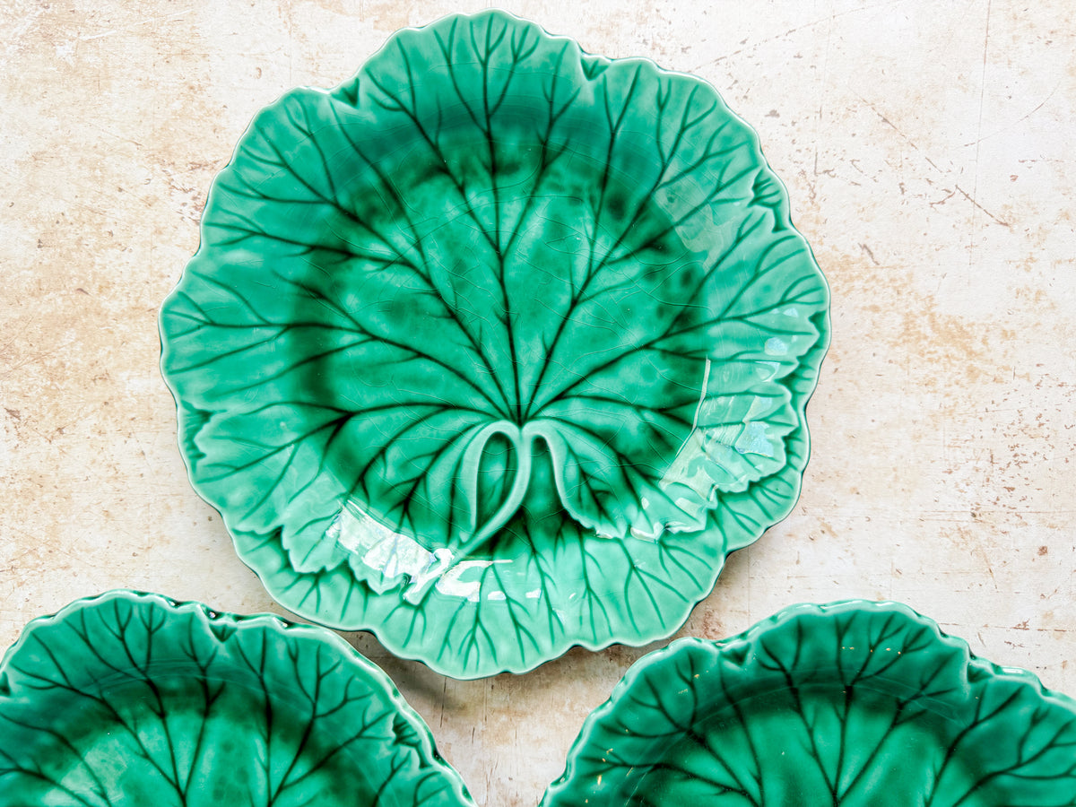 Vintage Wedgwood Cabbage Leaf Plates - Set of 3 Green Majolica Dessert Plates, c. 1940s-1950s