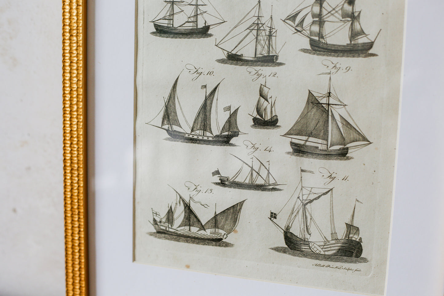 18th Century Copper Plate Engraving of Sailing Ships | Contemporary Textured Gilt Frame