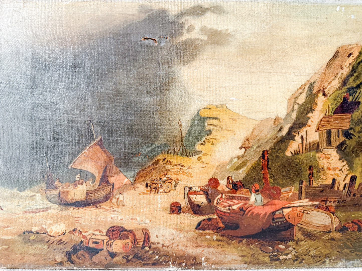 Antique Moody Coastal Scene with Fishing Boats, c1900