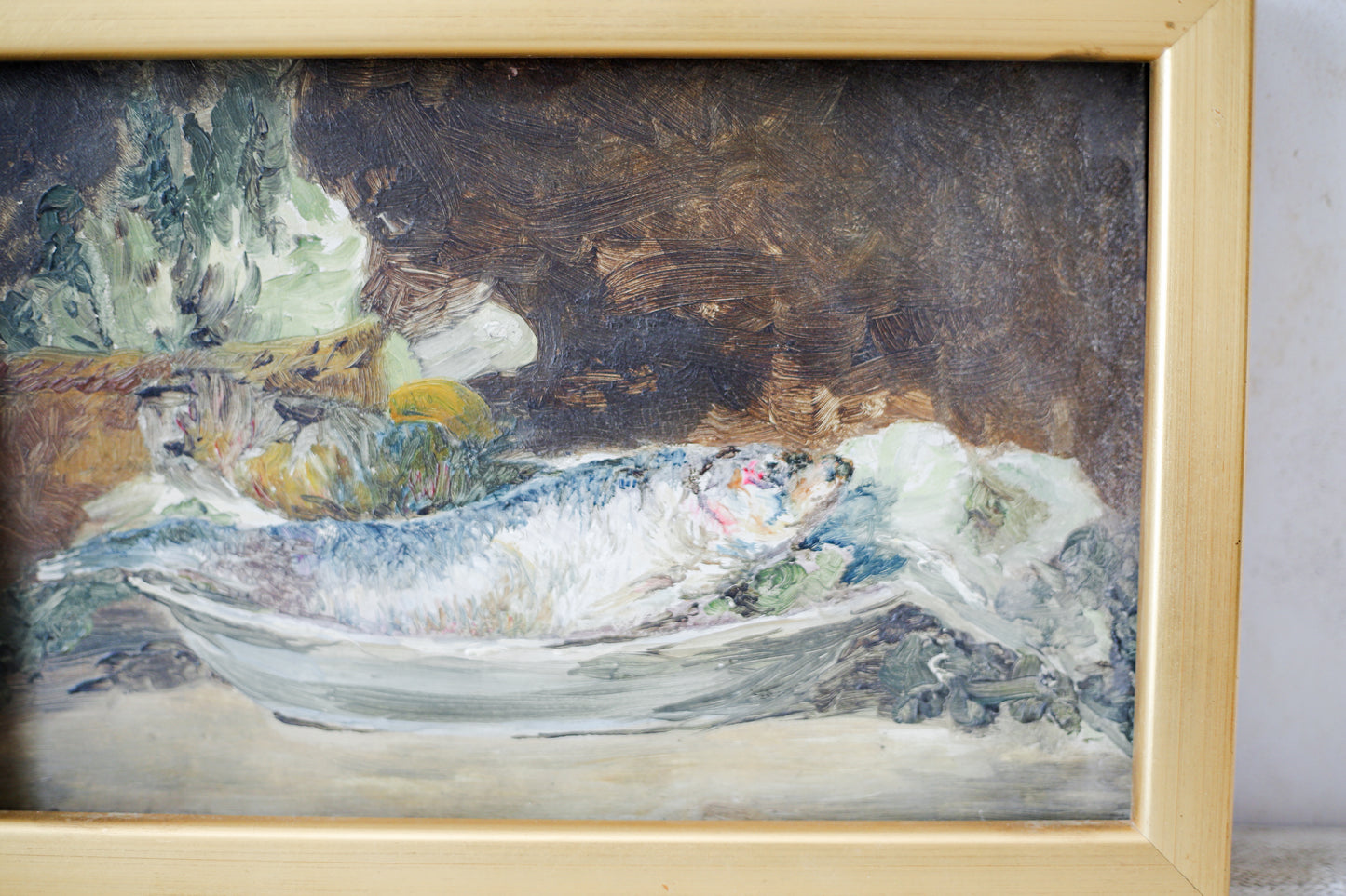 Still Life of Fish Framed Oil Painting on Board