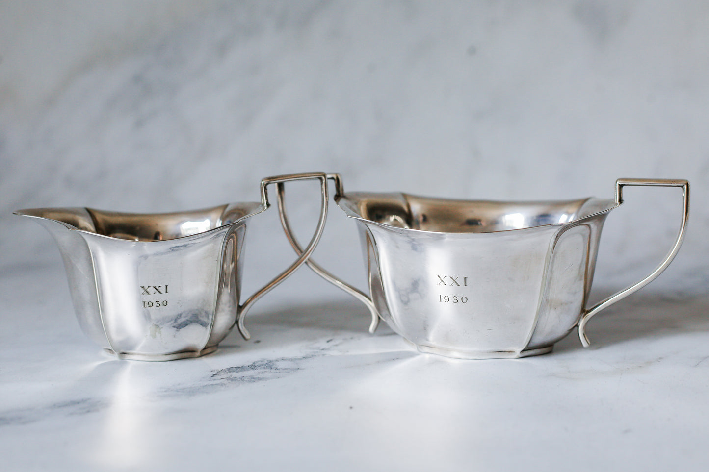 Alexander Clark Co. London Silverplate Sugar & Creamer Set, Monogrammed & Dated 1930
