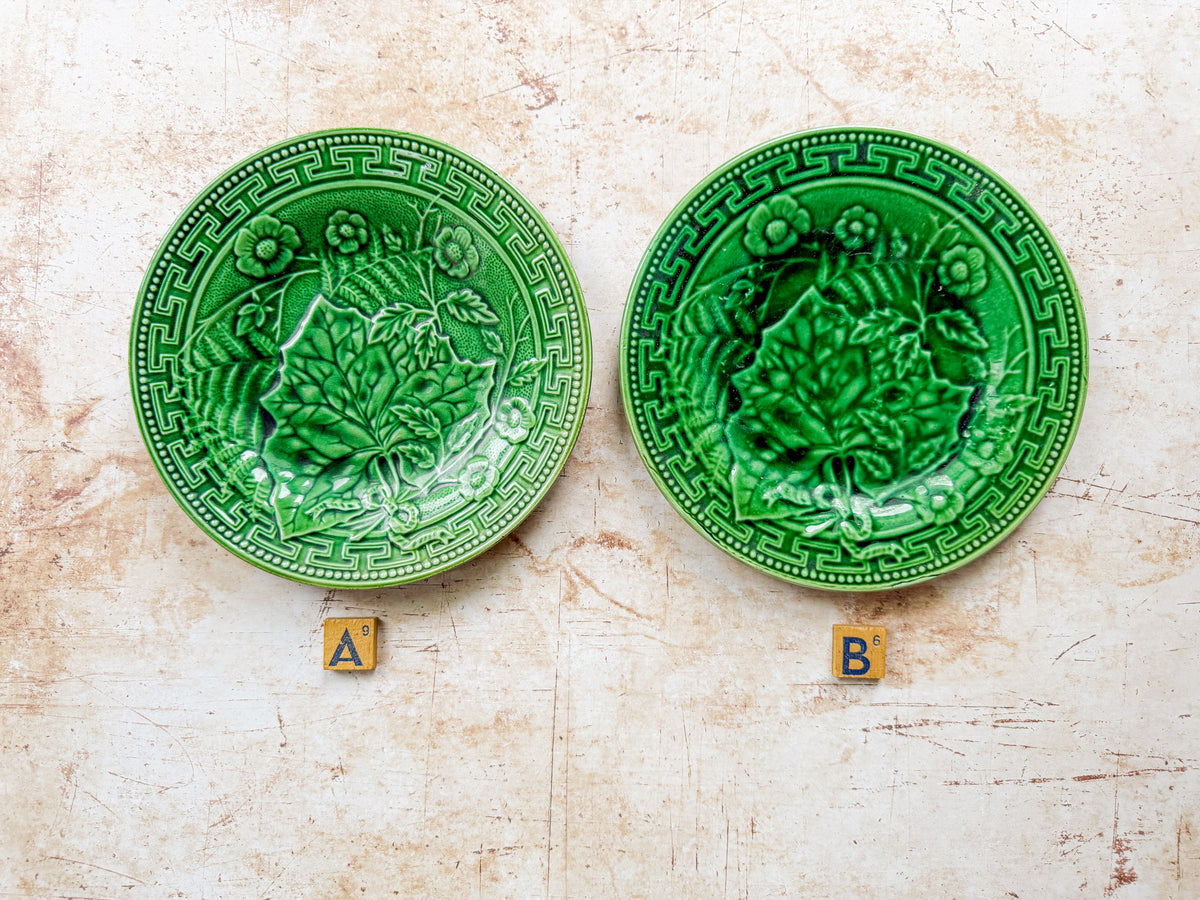 Antique Greek Key Border and Strawberry Greenware Majolica Plates (Choice)