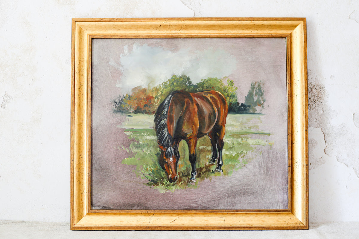 Original Painting of Bay Horse in Field, Attributed to Glynis Mills, in Custom Gold Frame