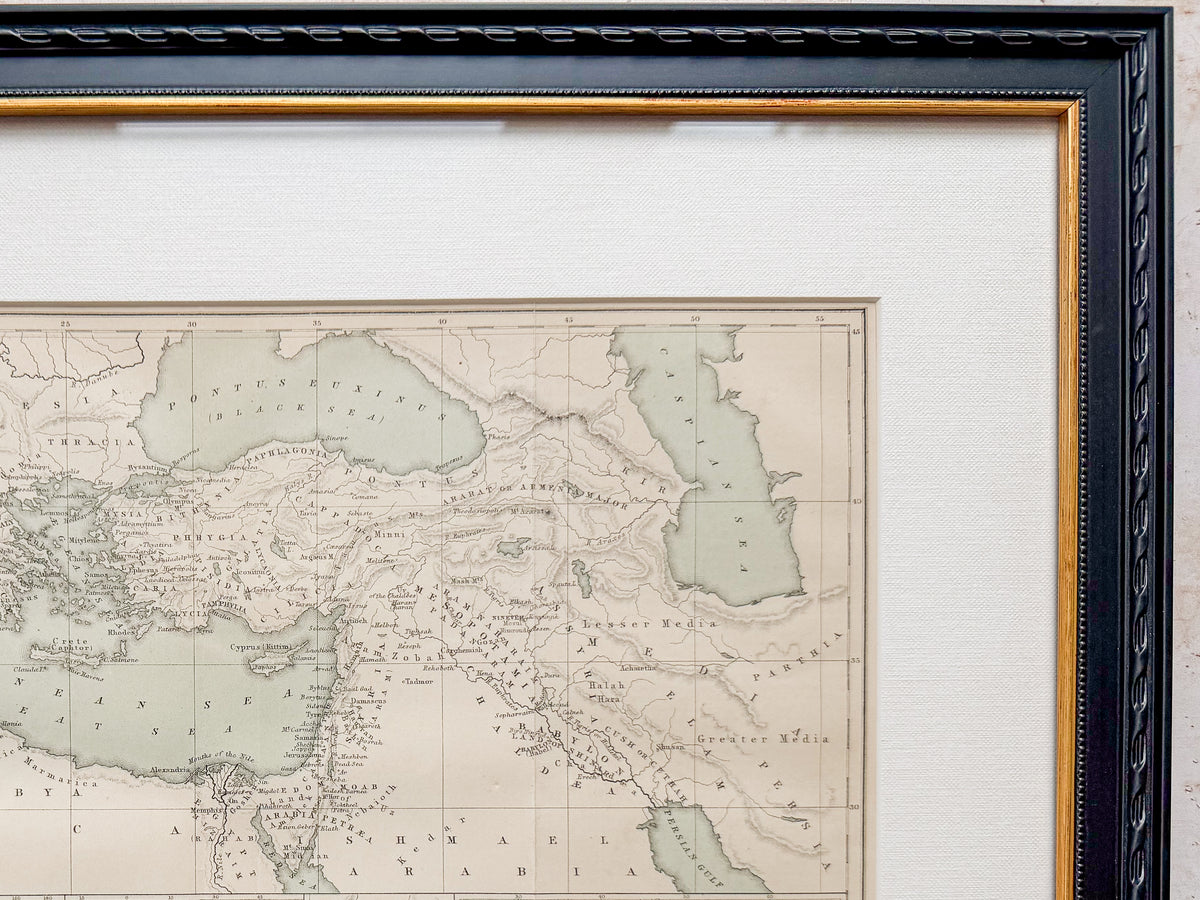 Antique 19th Century Bible Lands Map in Custom Black and Gold Frame