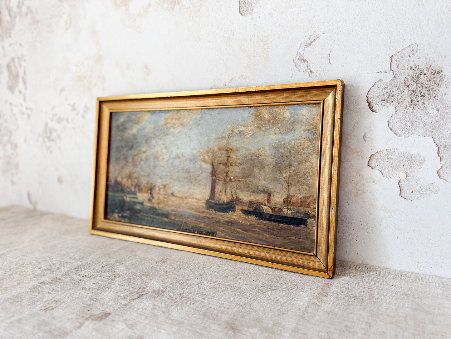 Antique Oil Painting of British Maritime Scene in Gilt Wood Frame, c1880