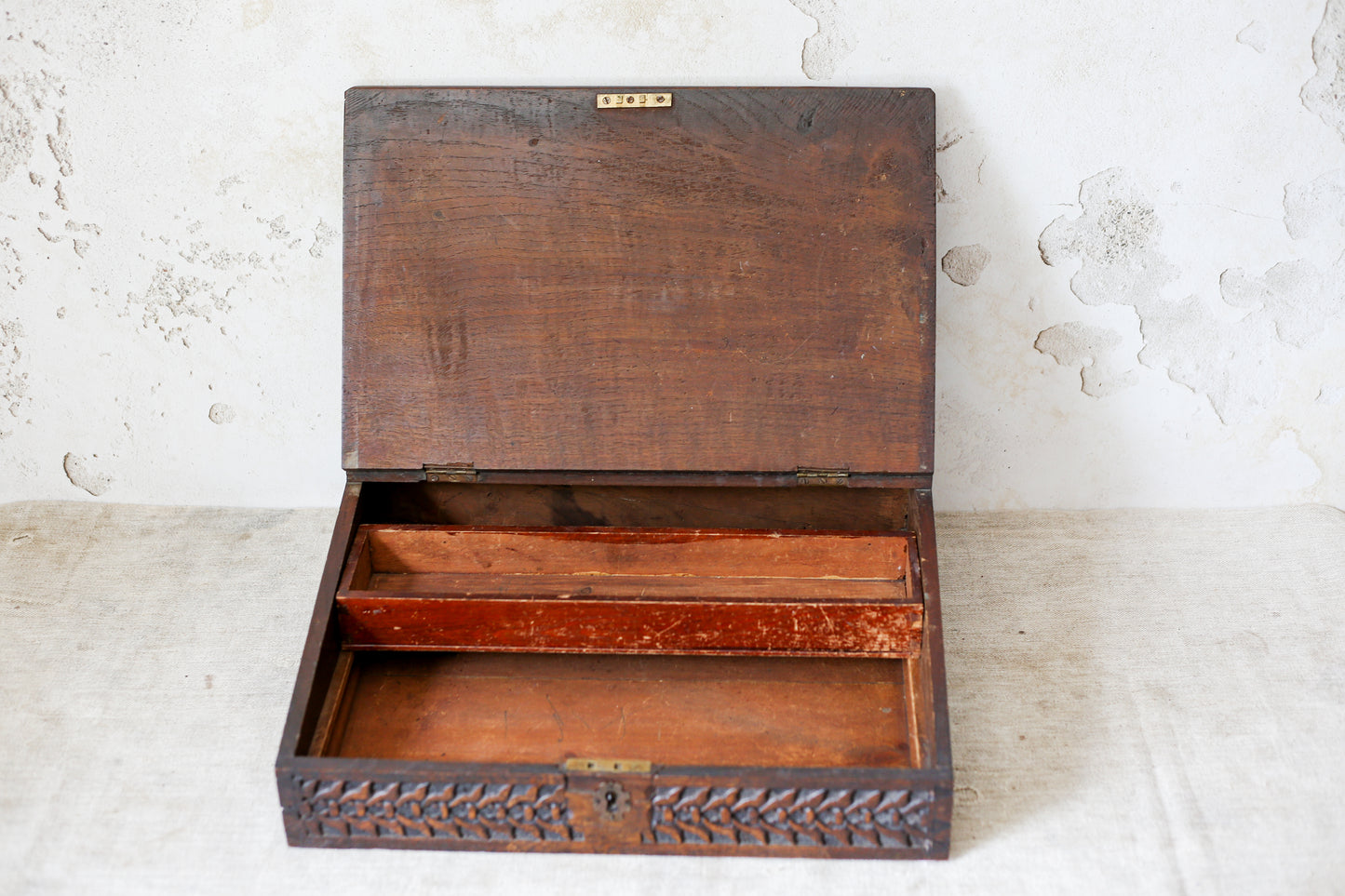 1892 Carved Wood Sloped Desk Box with "JM" Initials