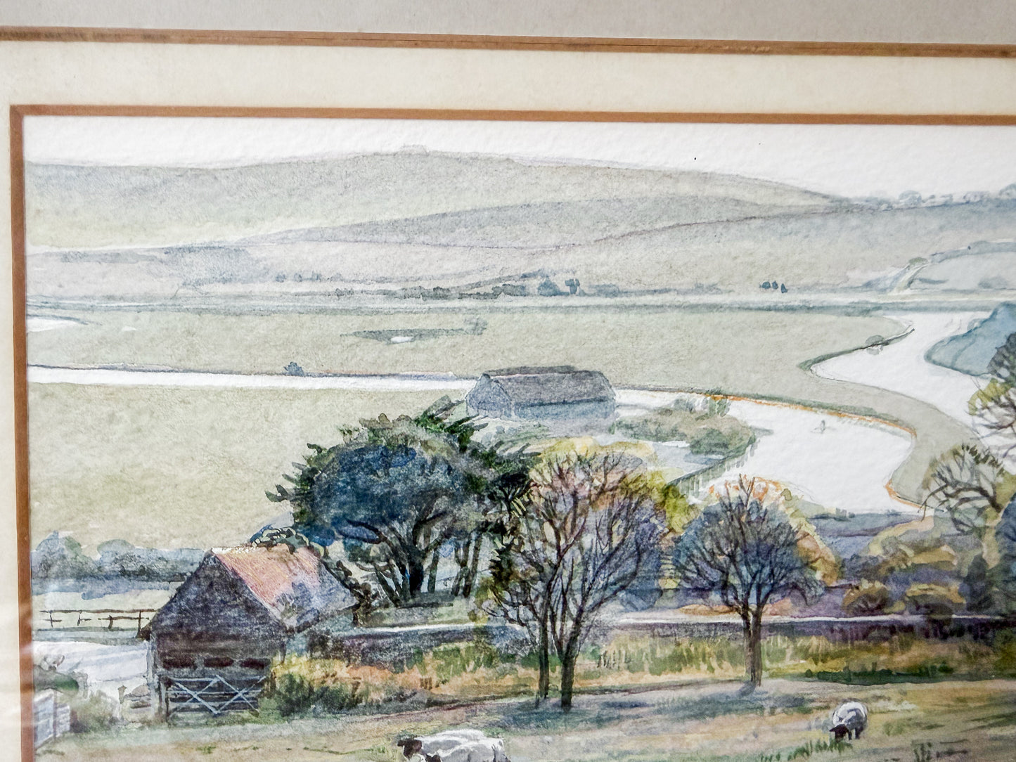 Signed Watercolor Painting of English Pastoral Scene with Sheep by Susan Jackman