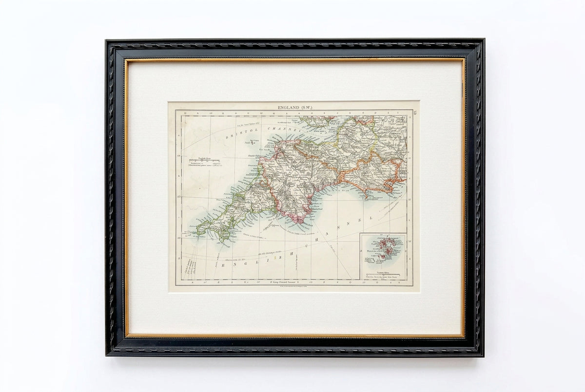 Antique 19th-Century Map of Southwest England by W. & A.K. Johnston in Custom Frame