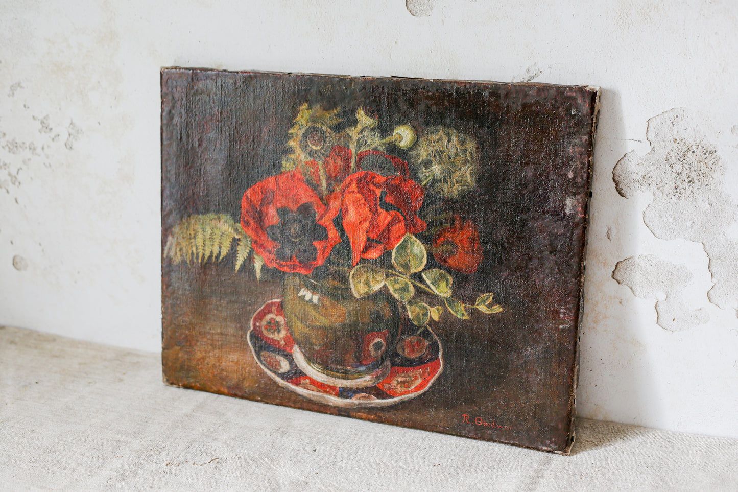 Antique Still Life of Poppies in Vase, Signed by R. Goodwin, ESK, c1890
