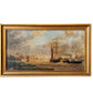 Framed painting of a maritime scene with ships on a textured wall.