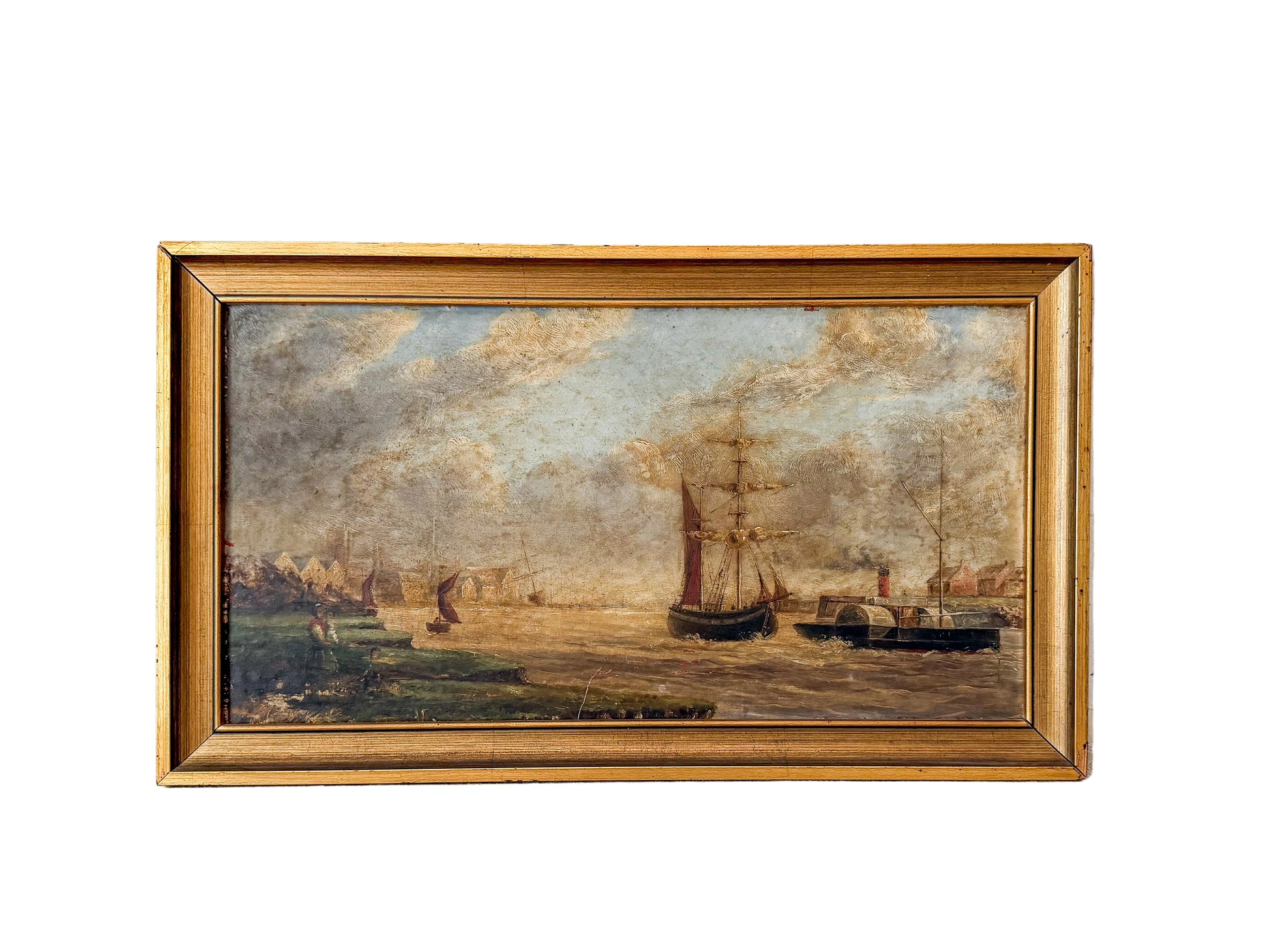 Framed painting of a maritime scene with ships on a textured wall.