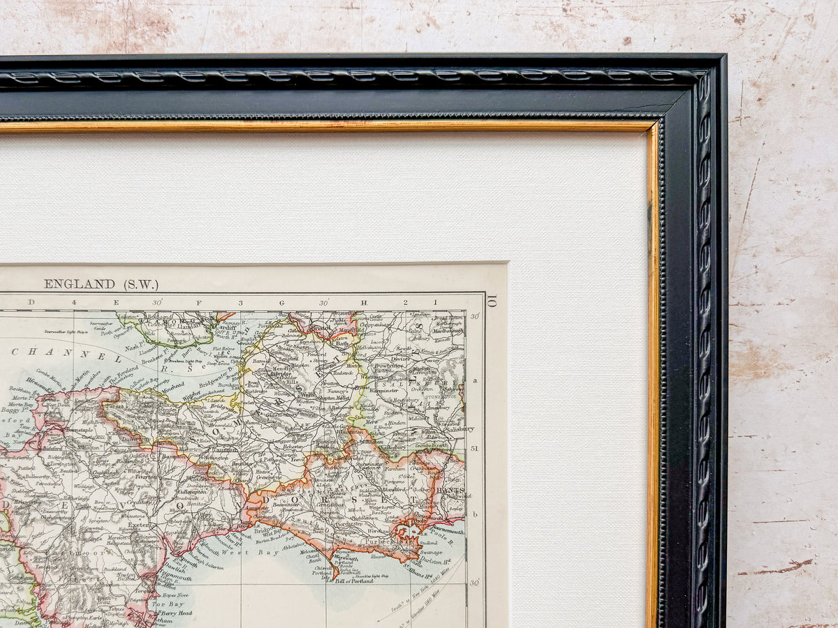 Antique 19th-Century Map of Southwest England by W. & A.K. Johnston in Custom Frame