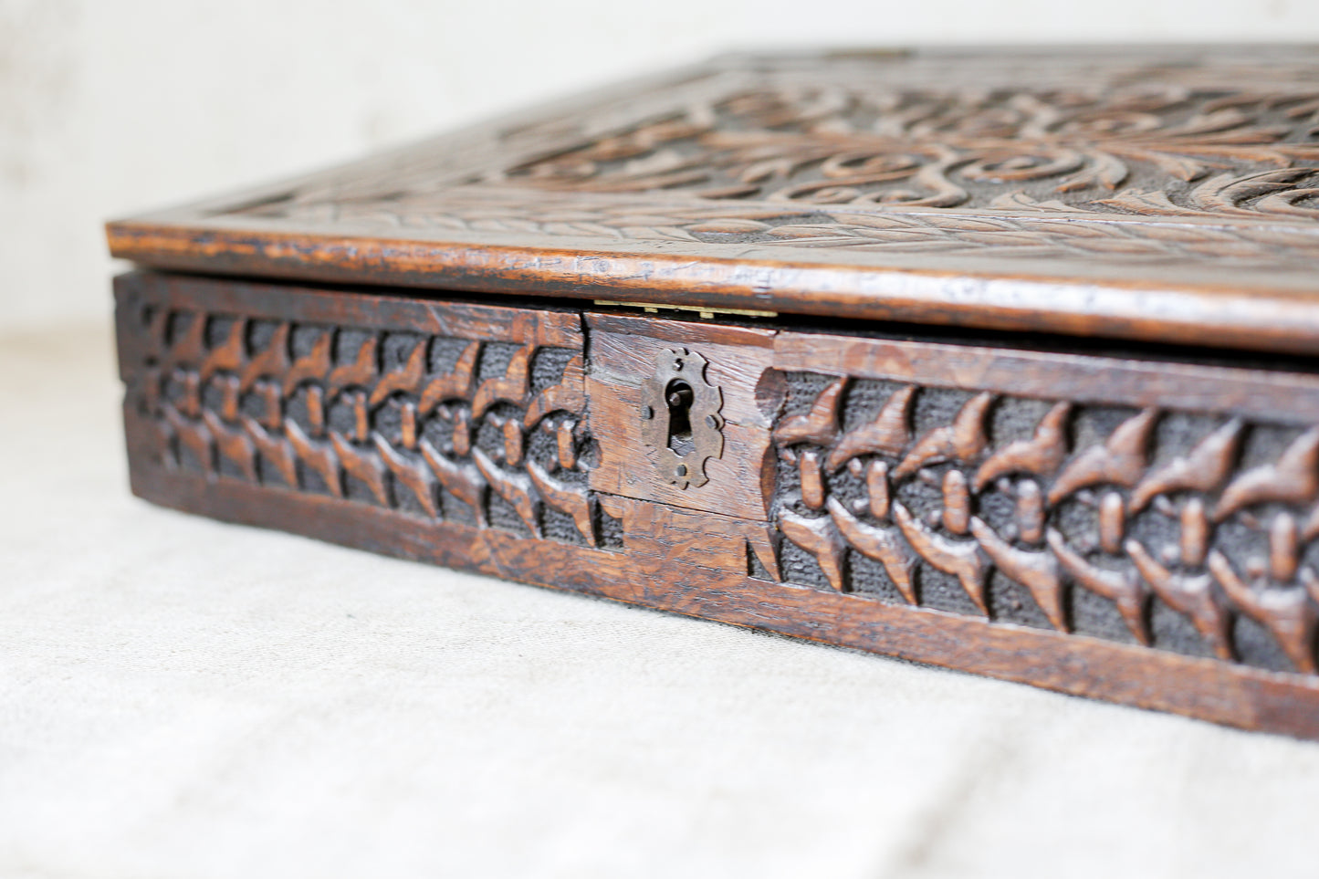 1892 Carved Wood Sloped Desk Box with "JM" Initials