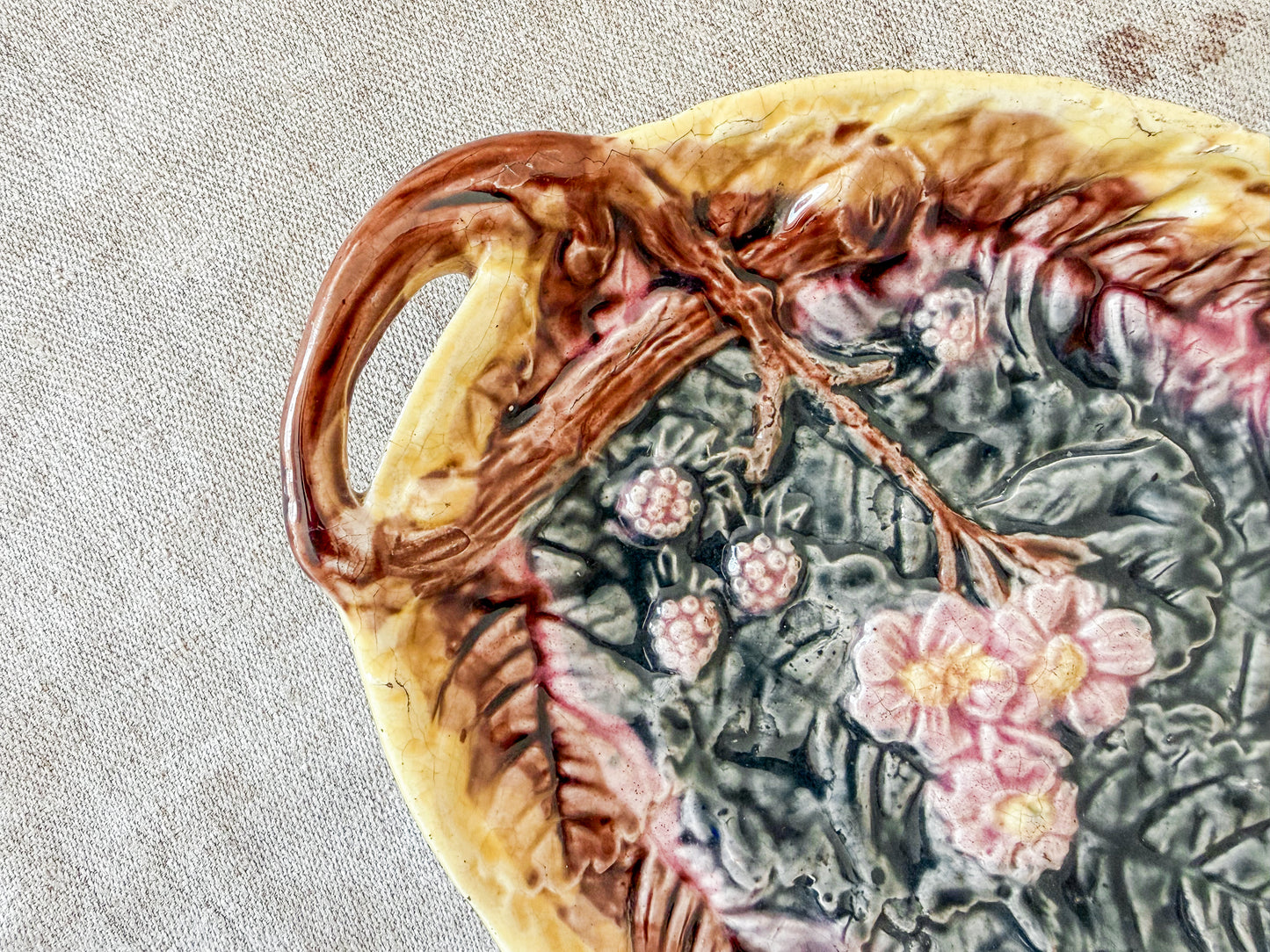 Antique Begonia Leaf and Pink Blossom Majolica Tray, c1880