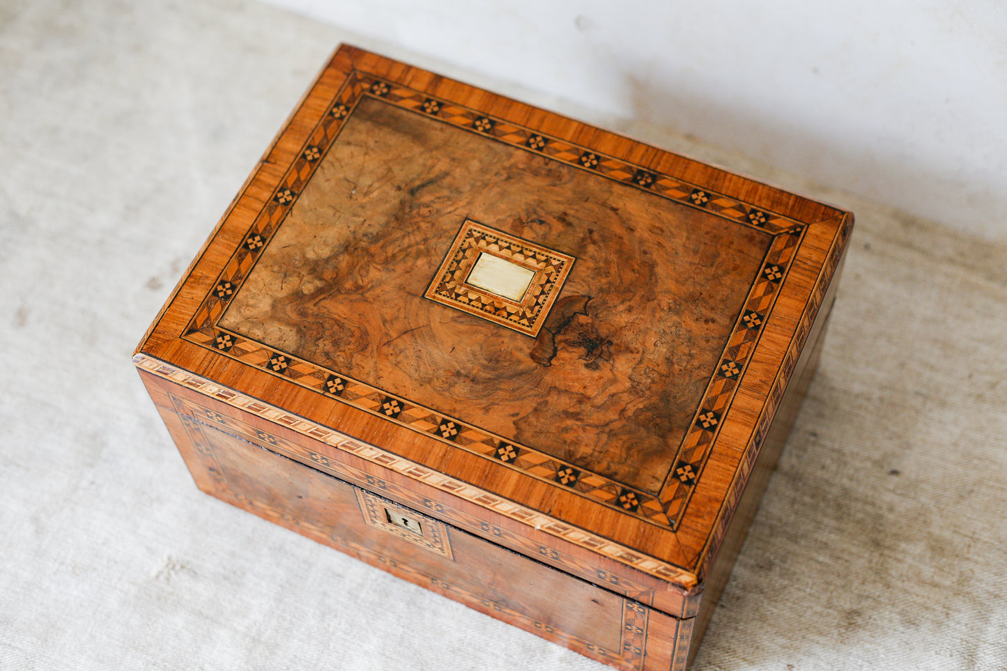 Antique Burr Walnut Tunbridge-Style Stationery Box, c. 1870