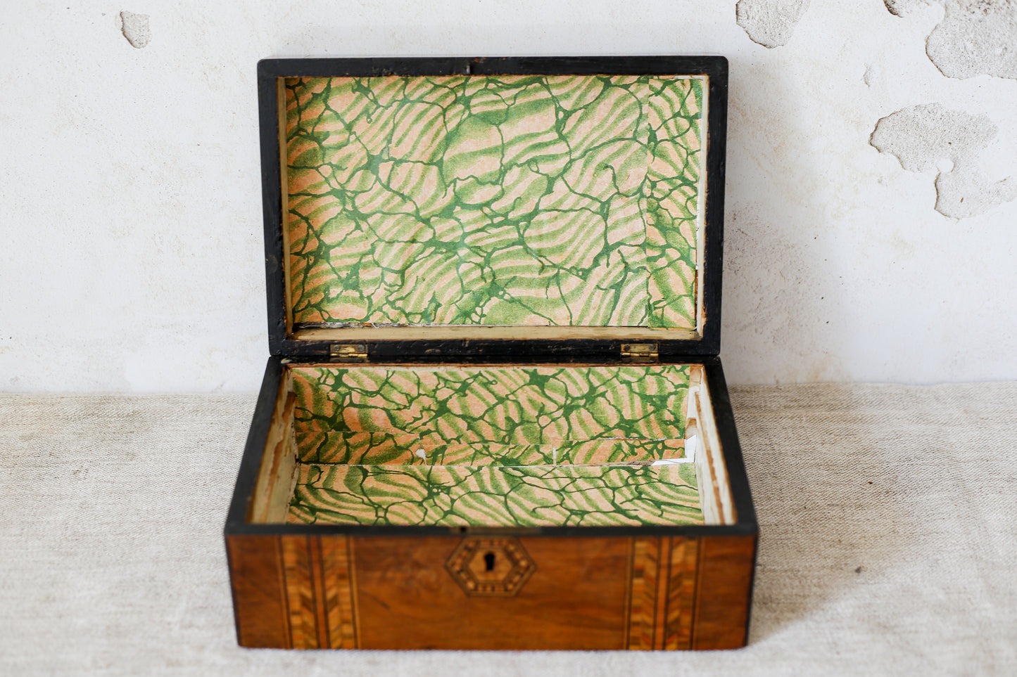 Antique Small Parquetry Chevron Inlaid Tunbridge-Style Stationery Box, c. 1870