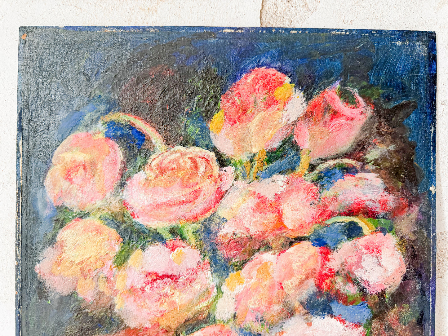 Unframed Impressionist Painting of Pink Flowers in Chartreuse Vase, Signed B. Maak