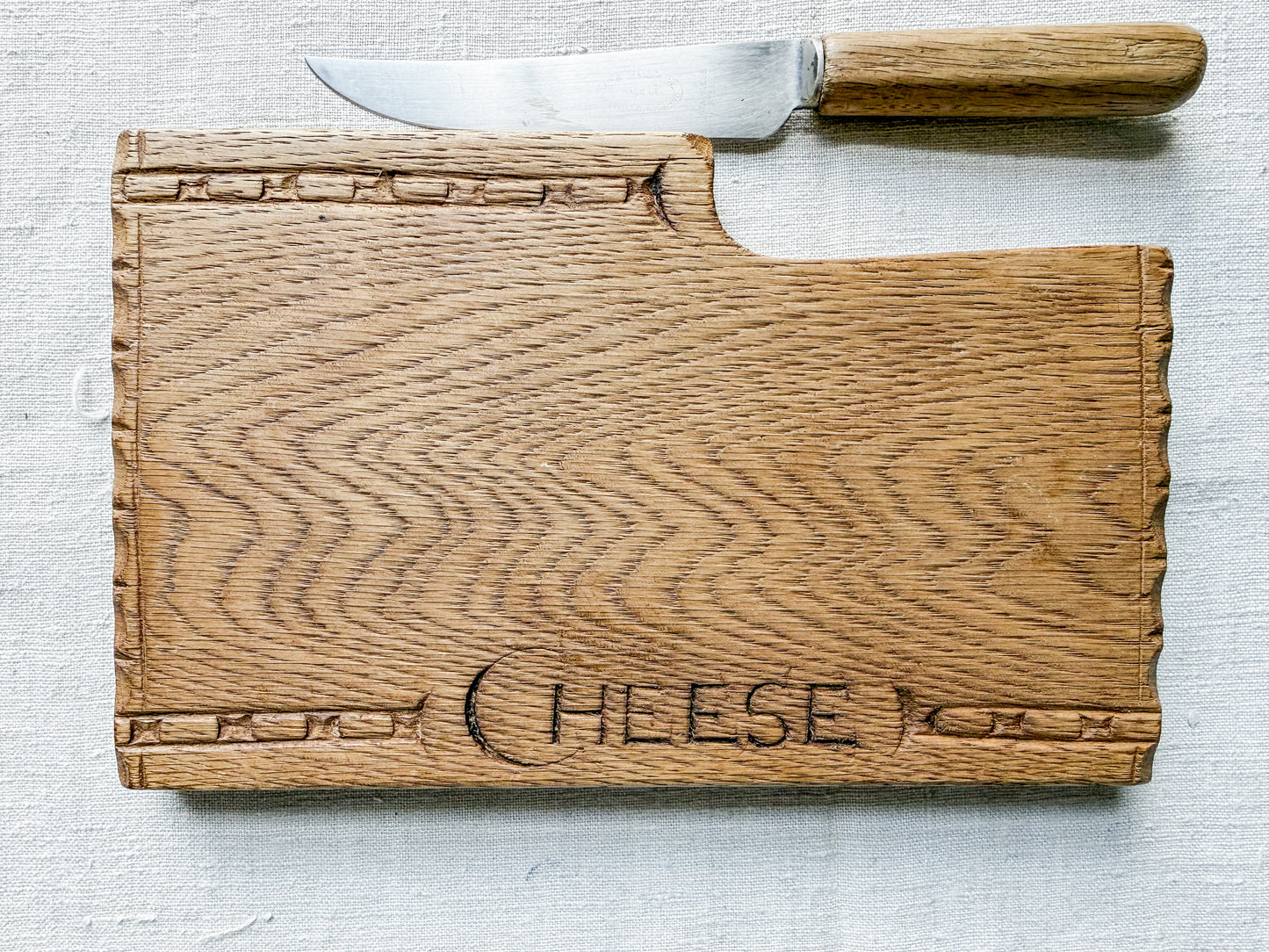 Vintage Carved Cheese Board with Fitted Knife by Bramhall Woodware