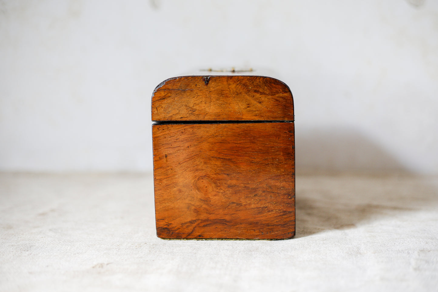 Antique Dome Top Walnut Tea Caddy with Brass Decoration, c1860
