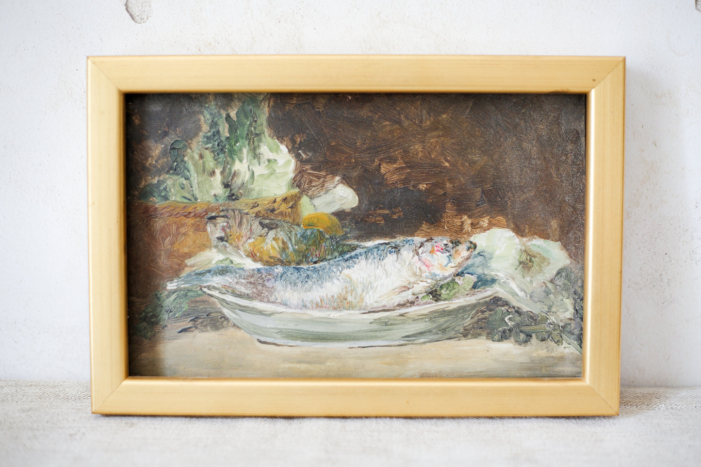 Still Life of Fish Framed Oil Painting on Board