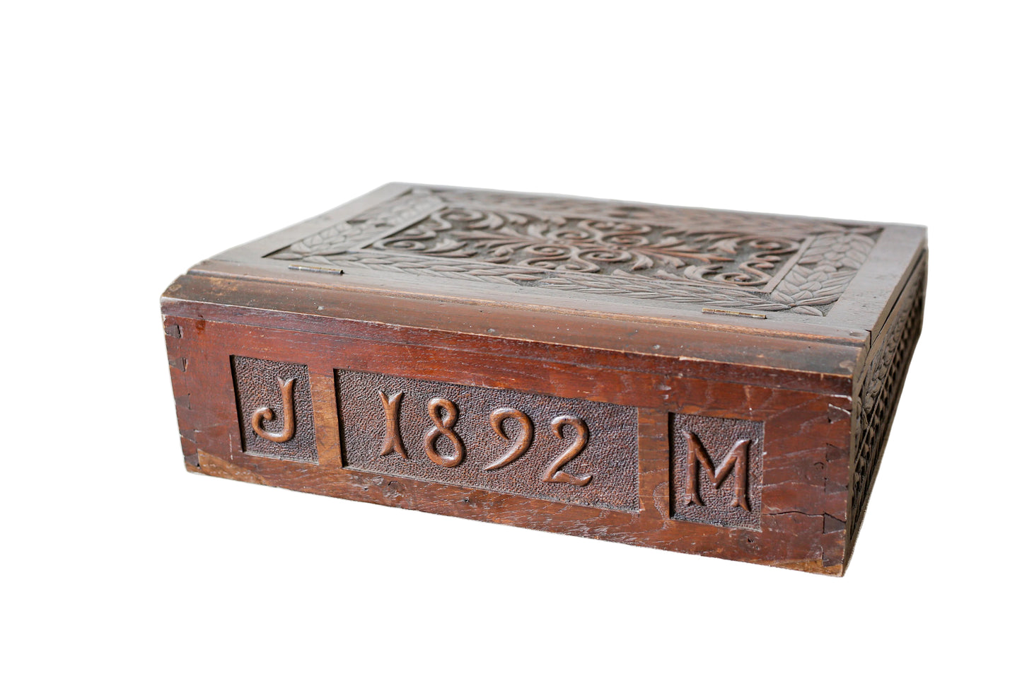 1892 Carved Wood Sloped Desk Box with "JM" Initials