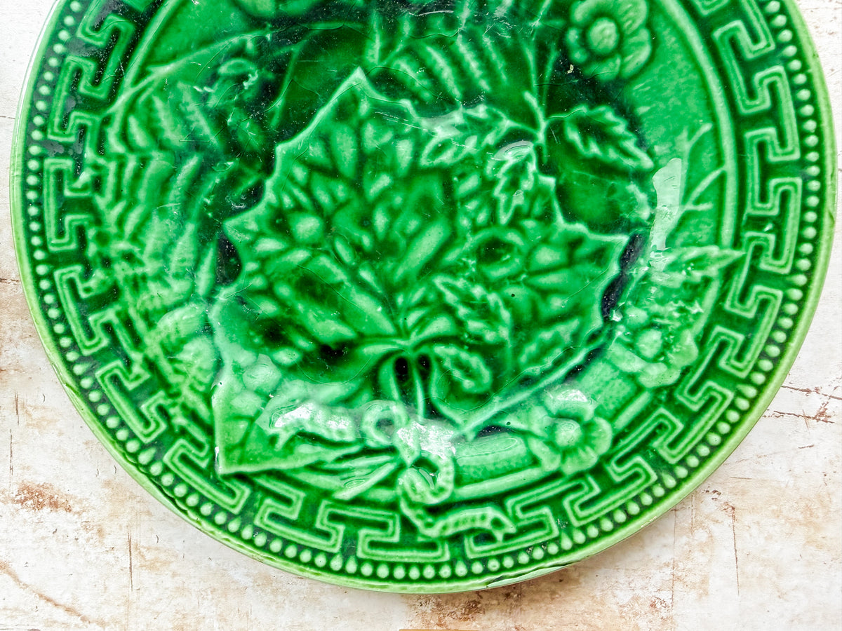 Antique Greek Key Border and Strawberry Greenware Majolica Plates (Choice)