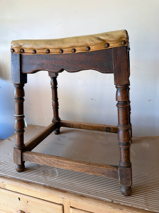 Oak joint stool with faux leather top