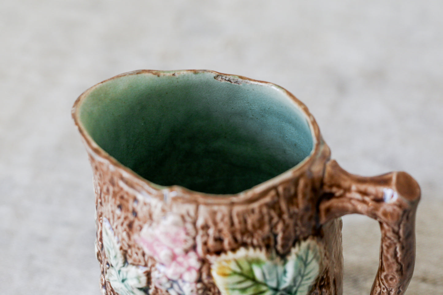 Antique Bramble & Bark Floral Majolica Jug, c1880