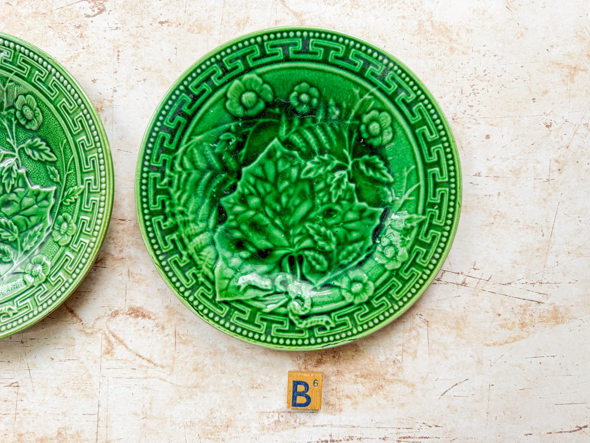 Antique Greek Key Border and Strawberry Greenware Majolica Plates (Choice)