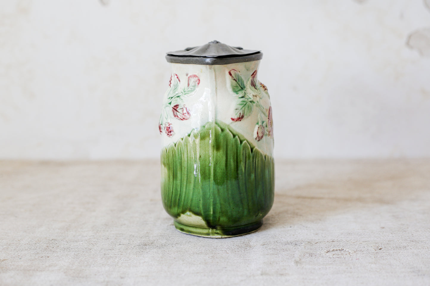 Antique Green & Pink Floral Majolica Jug with Pewter Lid