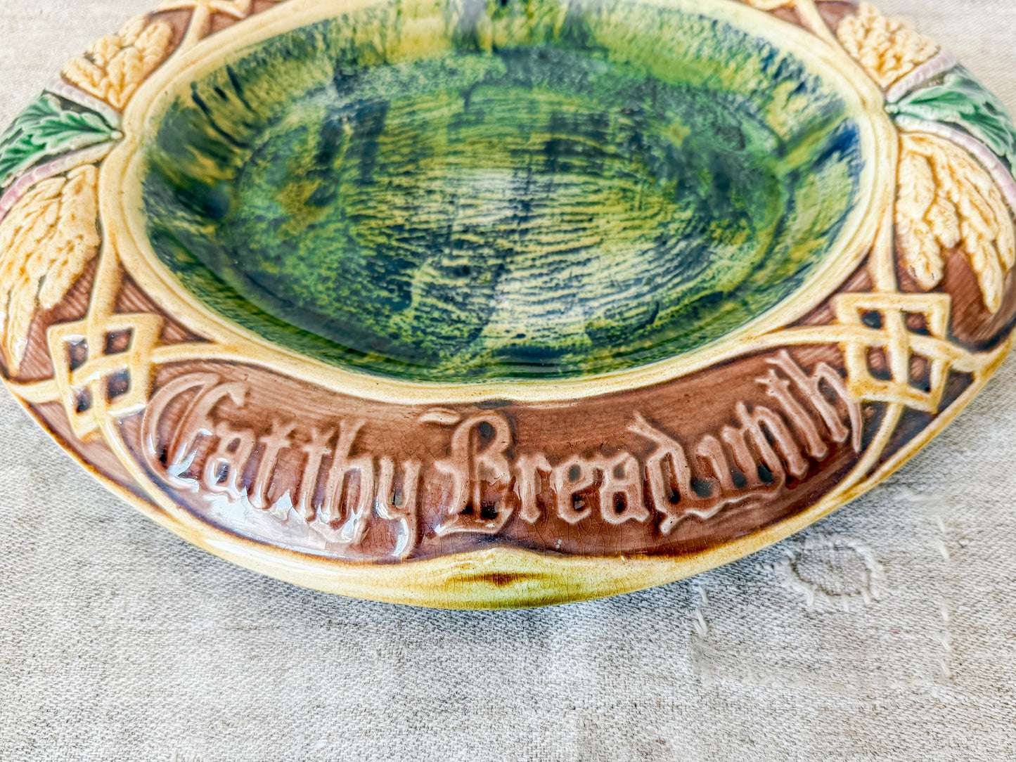 Antique 'Eat Thy Bread' Majolica Bread Tray, c1880
