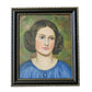 Framed portrait painting of a woman with dark hair and blue dress on a white background