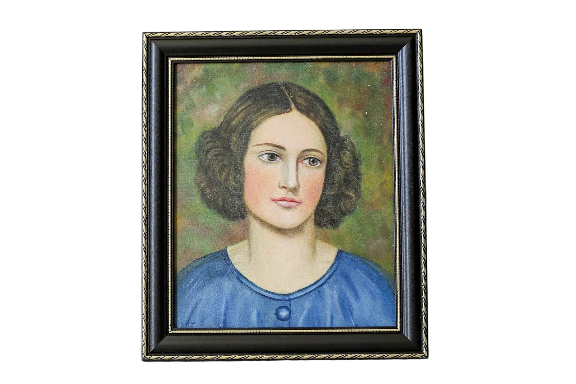 Framed portrait painting of a woman with dark hair and blue dress on a white background