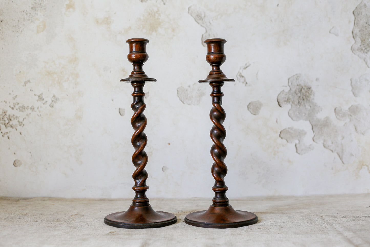 Pair of 15" Collared Barley Twist Candlestick Holders, c1900
