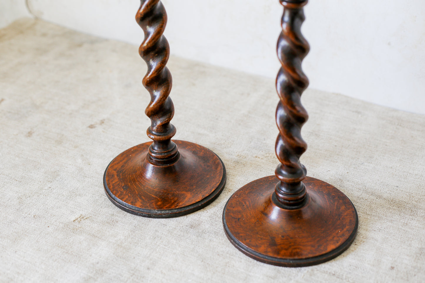 Pair of 15" Collared Barley Twist Candlestick Holders, c1900