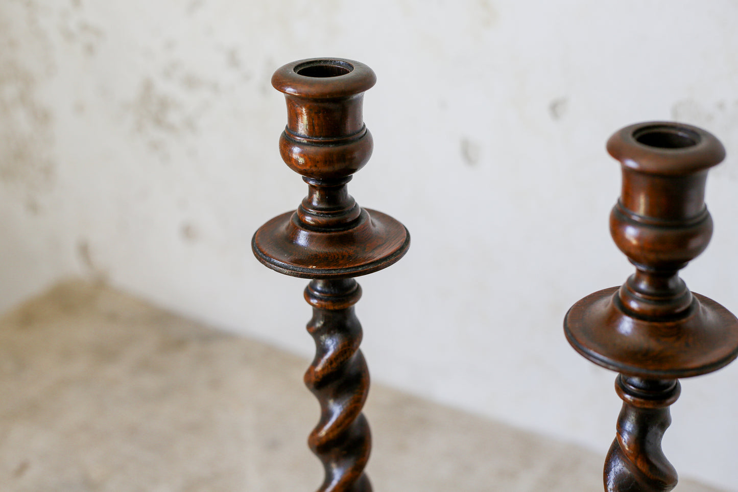 Pair of 15" Collared Barley Twist Candlestick Holders, c1900