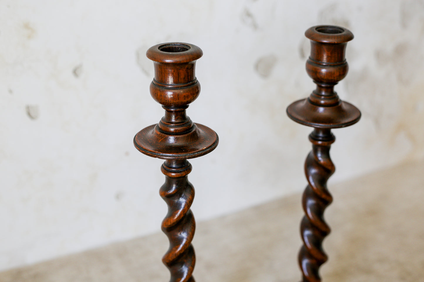 Pair of 15" Collared Barley Twist Candlestick Holders, c1900