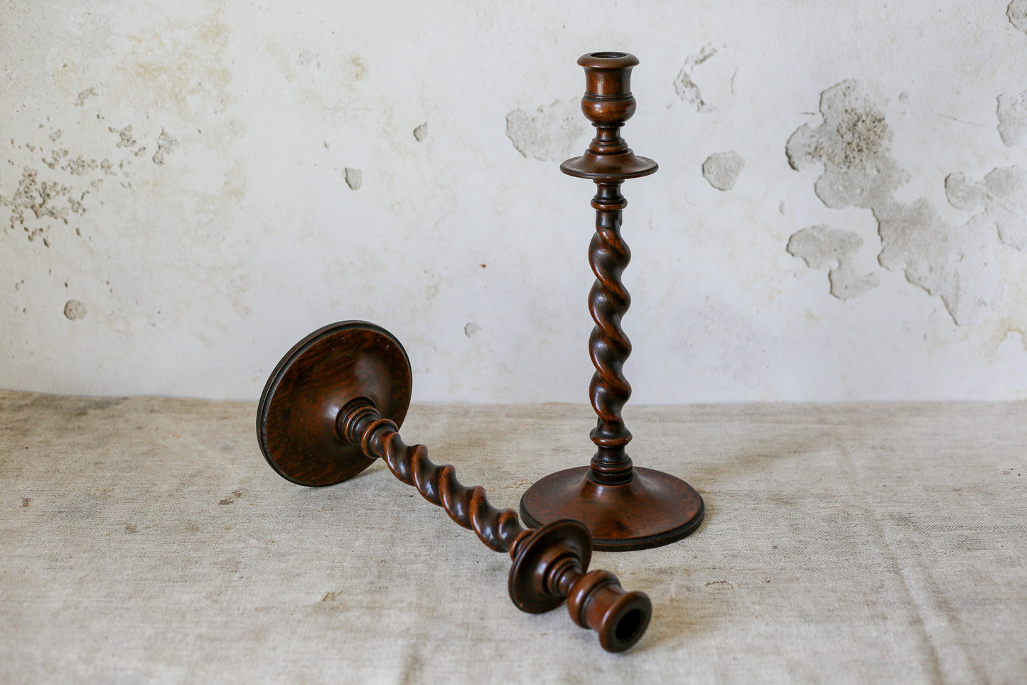 Pair of 15" Collared Barley Twist Candlestick Holders, c1900