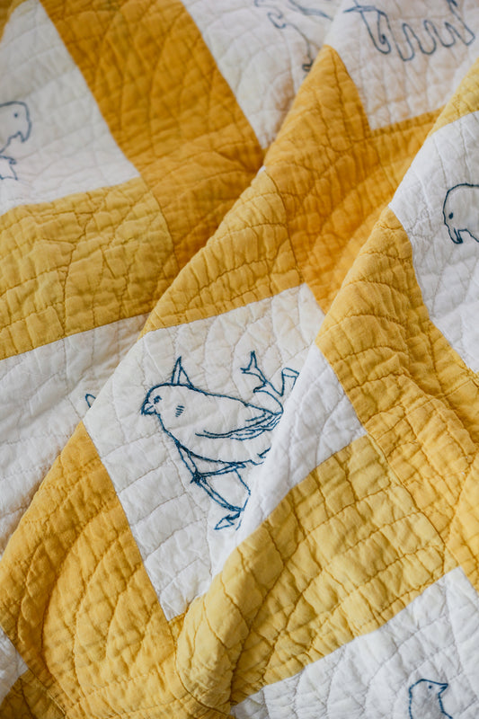 Vintage Blue Work Embroidery Quilt with Nursery Animals and Feedsack Fabric, c1930